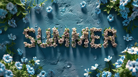 text 'SUMMER' spelled with white flowers against a vivid blue backdrop with water dropsの素材