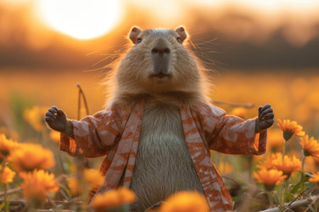Capybara in a meditative pose surrounded by blooming orange flowers at sunset.の素材