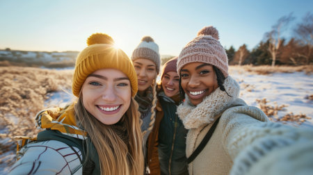 Joyful group of diverse friends taking a selfie in a snowy field during golden hourの素材