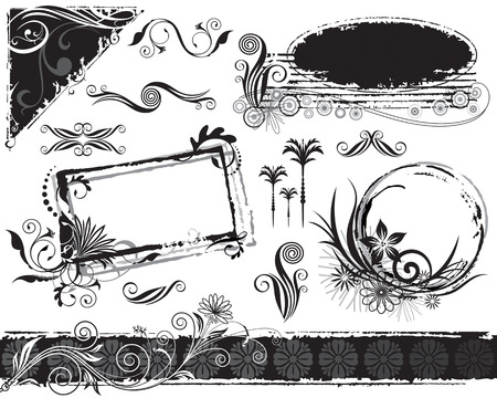 Black and white grunge floral elements, vector layered.のイラスト素材