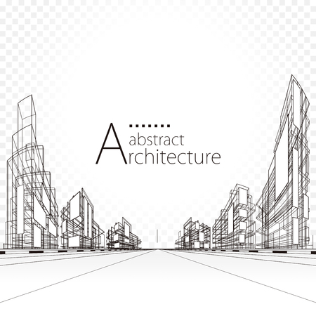 3D illustration architecture building perspective lines, modern urban architecture abstract background design.のイラスト素材