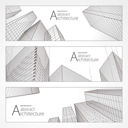Architecture abstract modern building, Architecture building construction perspective line drawing design banner set.のイラスト素材