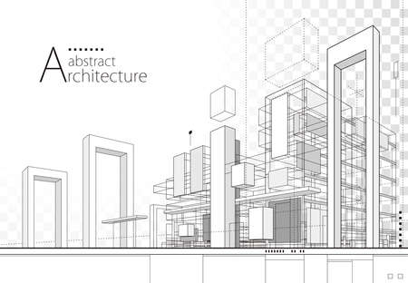 3D illustration linear drawing. Imagination architecture urban building design, architecture modern abstract background.のイラスト素材