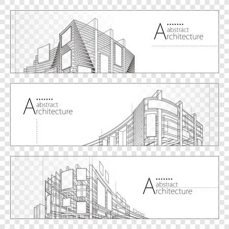 3D illustration linear drawing, Imagination Architecture urban building construction perspective design banner set.のイラスト素材