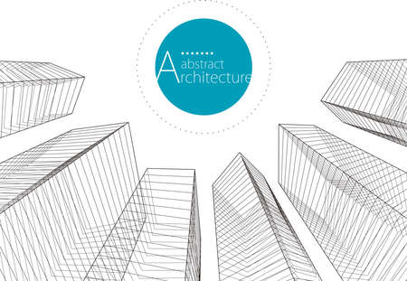 3D illustration black and white linear drawing. Imagination architecture building abstract background. Architecture modern urban building design.のイラスト素材