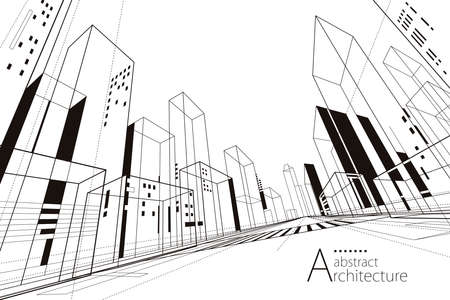 3D illustration linear drawing. Imagination architecture urban building design, architecture modern abstract background.のイラスト素材