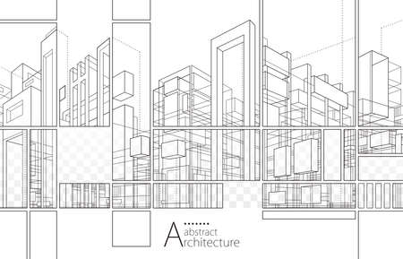 3D illustration Imagination architecture building construction perspective design, abstract modern urban building out-line black and white drawing.のイラスト素材