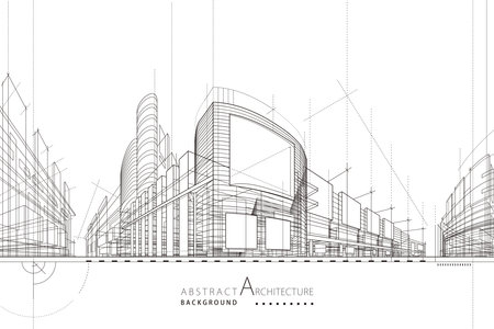 3D illustration, abstract modern urban landscape line drawing, imaginative architecture building construction perspective designのイラスト素材