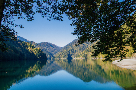 landscape, view of lake Ritsa and mountains. autumn, summer and natureの写真素材