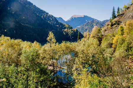 landscape, view of lake Ritsa and mountains. autumn, summer and nature