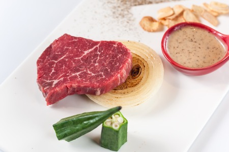 Good filet steak with onion, okraの写真素材