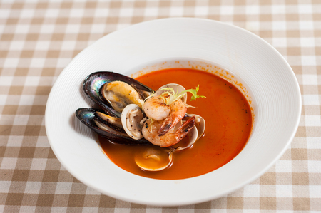 Bouillabaisse fish soup with prawn, mussel and clamの写真素材