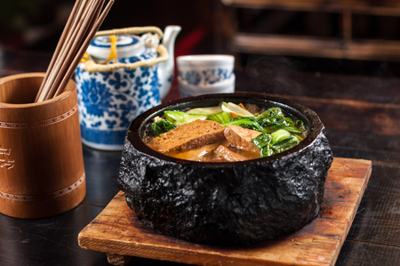 Tofu in stone pot,Chinese cuisineの写真素材