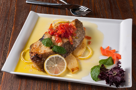 perch fillet with chili sauceの写真素材