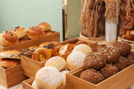 Bread in wooden boxesの写真素材