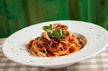 Red sauce spaghetti with clamsの写真素材