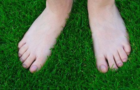 Feet on a green grassの写真素材