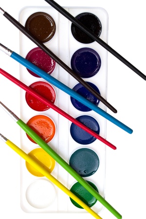 brushes and watercolors on whiteの写真素材