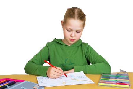 child draw with colorful pencils, isolated over whiteの写真素材