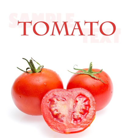 Fresh tomatoes isolated on white (with sample text)の写真素材