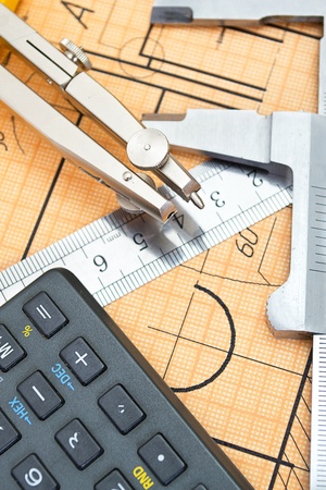 mechanical circuit, a ruler, compass, calipersの写真素材