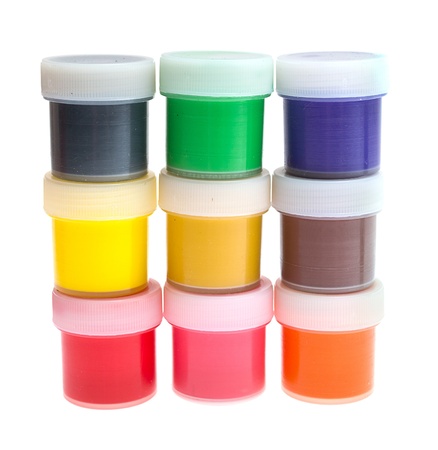 Multi-colored gouache paint isolated on a white backgroundの写真素材