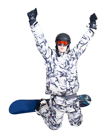 Portrait of handsome boy in sportswear with snowboard isolated on a white backgroundの写真素材