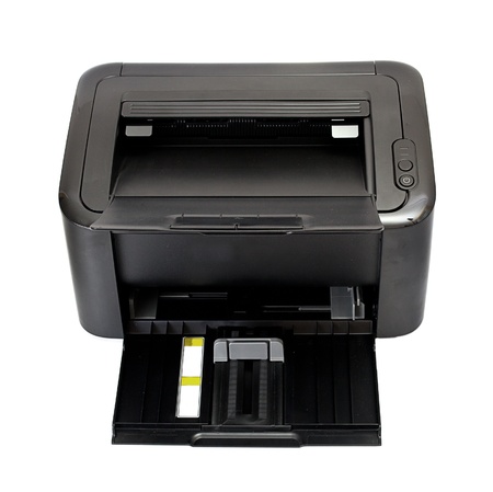 Office laser printer isolated on white background with white paperの写真素材