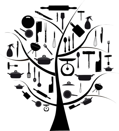 Vector tree with different kitchen tools for cookingのイラスト素材