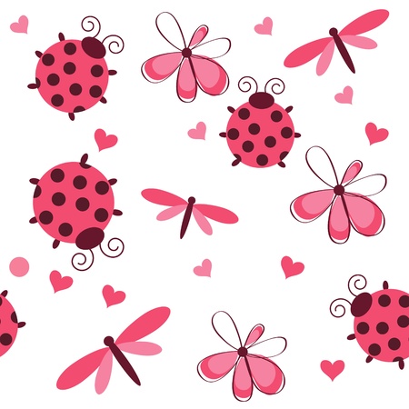 Romantic seamless pattern with dragonflies, ladybugs, hearts and flowers on a white backgroundのイラスト素材
