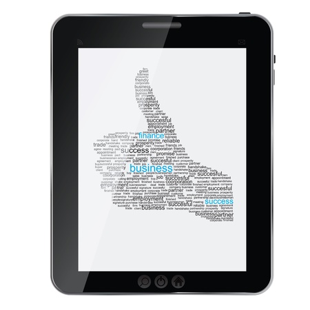 Illustration of the thumbs up symbol, which is composed of words on business themes on abstract tablet. Vector illustration.のイラスト素材