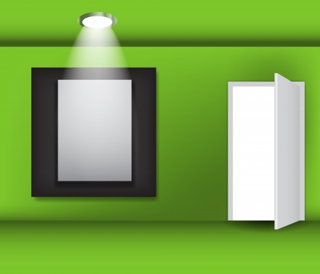 Open white door and white frame in art gallery on a green wall vector illustrationのイラスト素材