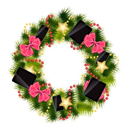 Realistic christmas wreath wih phones and tablets on vintage background のイラスト素材