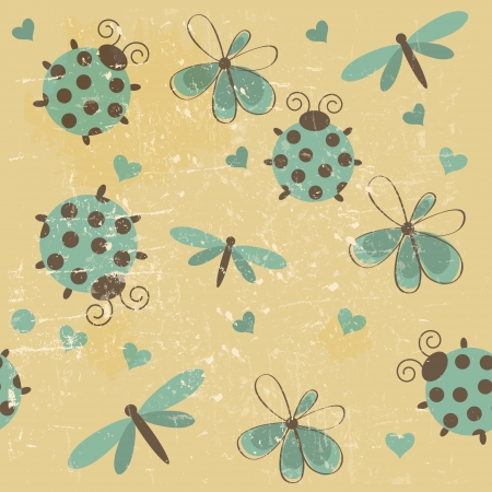 Romantic seamless pattern with dragonflies, ladybugs, hearts and flowers on a white backgroundのイラスト素材