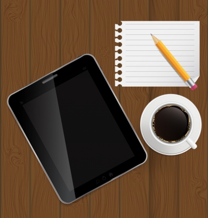 Abstract design tablet, coffee, pencil, blank page on boards Bacのイラスト素材