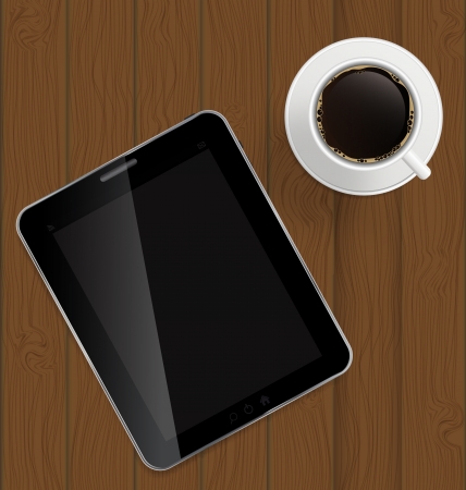 Abstract design tablet, coffee on boards Backgroundのイラスト素材