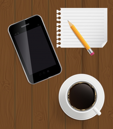 Abstract design phone, coffee, pencil, blank page on boards Backのイラスト素材