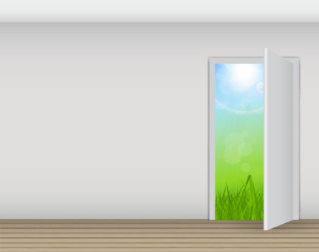 Open white door on a wall with nature vector illustrationのイラスト素材