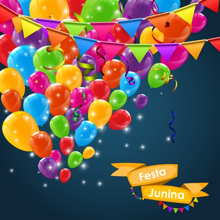 Festa Junina Holiday Background. Traditional Brazil June Festival Party. Midsummer Holiday. Vector illustration with Ribbon and Flags.のイラスト素材