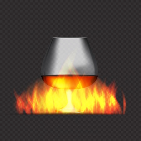 Glass Collector 50 year-old French Cognac on Background of Burning Fireplace Fire. Vector Illustration. EPS10のイラスト素材