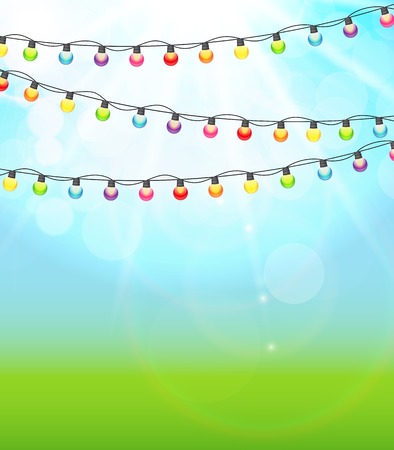 Multicolored Garland Lamp Bulbs Festive on Natural Shiny Background Vector Illustration EPS10のイラスト素材