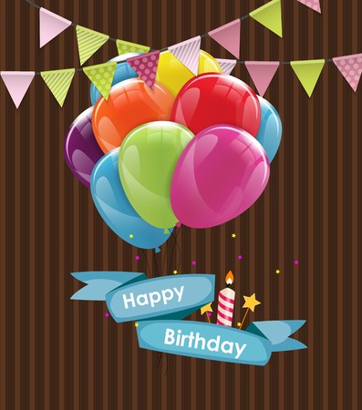 Happy Birthday Card Template with Balloons, Ribbon and Candle Vector Illustration EPS10のイラスト素材