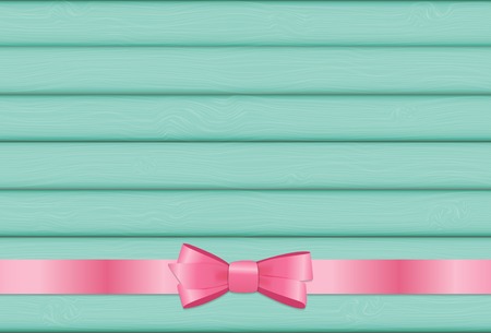 Pink Ribbon and Bow on Wooden Background for Birthday and Christmas. Realistic Silk Ribbon Decoration. Vector Illustrationのイラスト素材