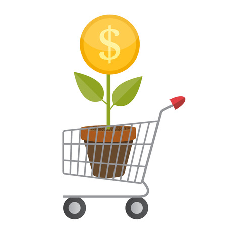 Flat Supermarket Cart Icon with Golden Coin Moneyのイラスト素材
