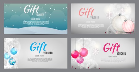 Christmas and New Year Gift Voucher, Discount Coupon Template Collection Set Vector Illustrationのイラスト素材