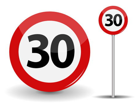 Round Red Road Sign Speed limit 30 kilometers per hour. Vector Illustration.のイラスト素材