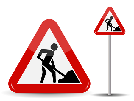 Road sign Warning Road works. In the Red Triangle a man with shovel in his hands. Vector Illustration.のイラスト素材