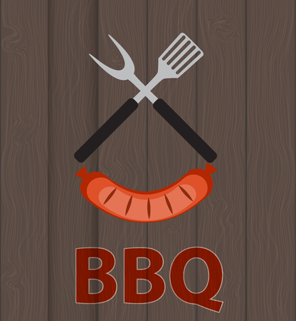 BBQ Icon with Grill Tools and Sausage on Wooden Background. Vector Illustration EPS10のイラスト素材