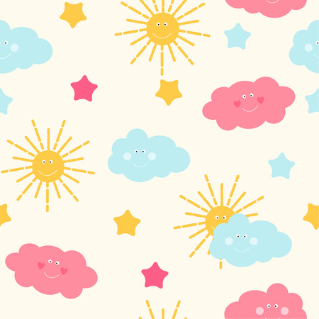 Childrens Seamless Pattern Background with Sun, Cloud and Stars Vector Illustrationのイラスト素材
