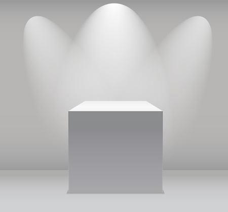 Exhibition Concept, White Empty Box, Stand with Illumination on Gray Background. Template for Your Content. 3d Vector Illustrationのイラスト素材
